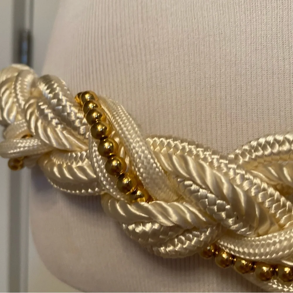 VINTAGE BELT CREAM CORD BRAIDED GOLD TONE BEADS MEDALLION 45.5”